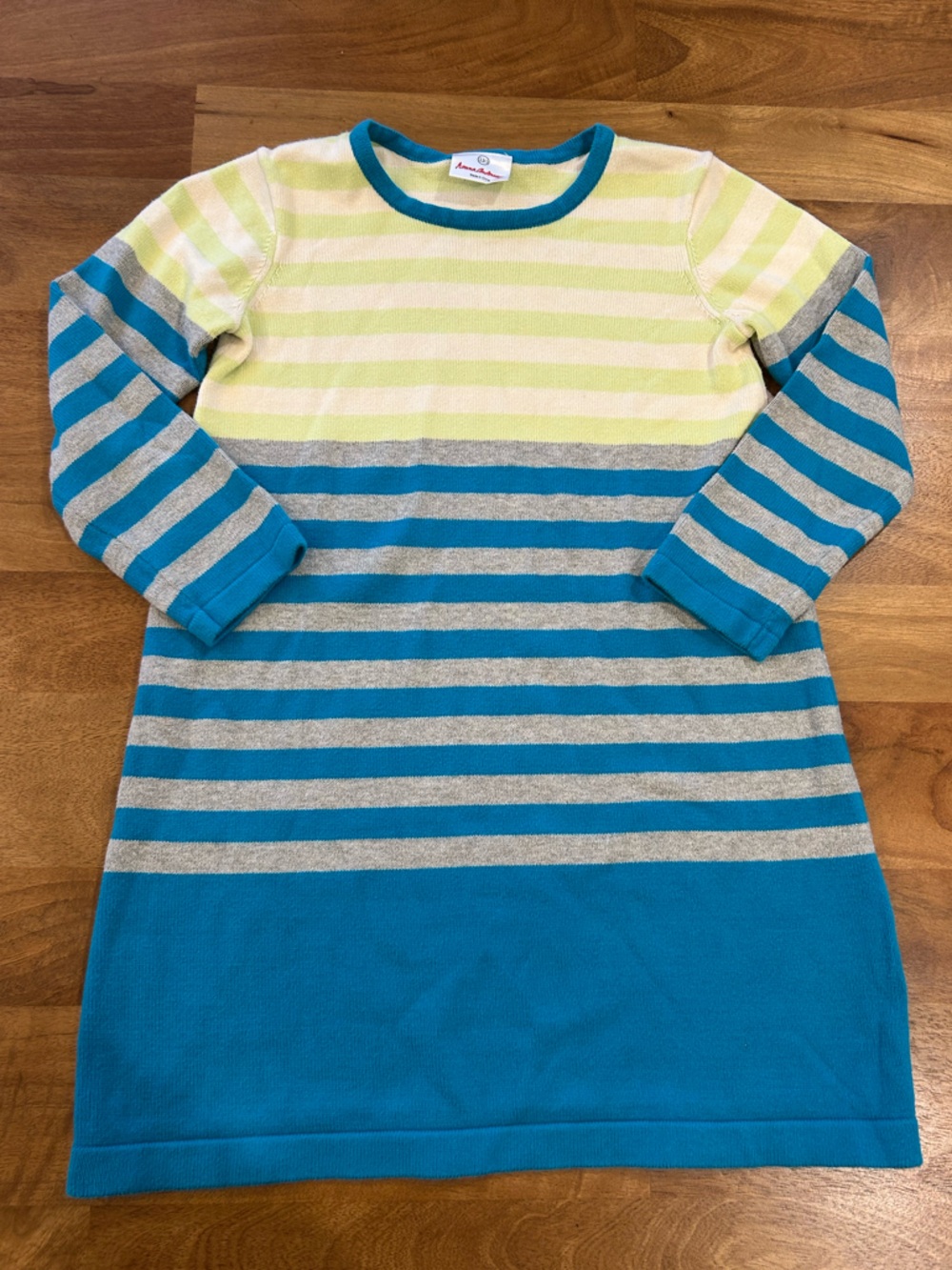 Hanna Anderson Kids Teal, Grey & Lime Striped Knit Dress Size 130